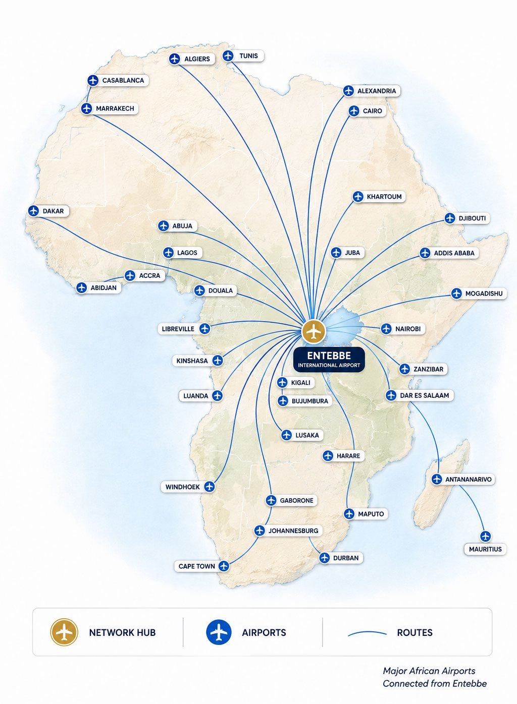 Map of Africa showing Asante Aviation charter reach fanning out from Entebbe International Airport to regional capitals and major cities across the continent