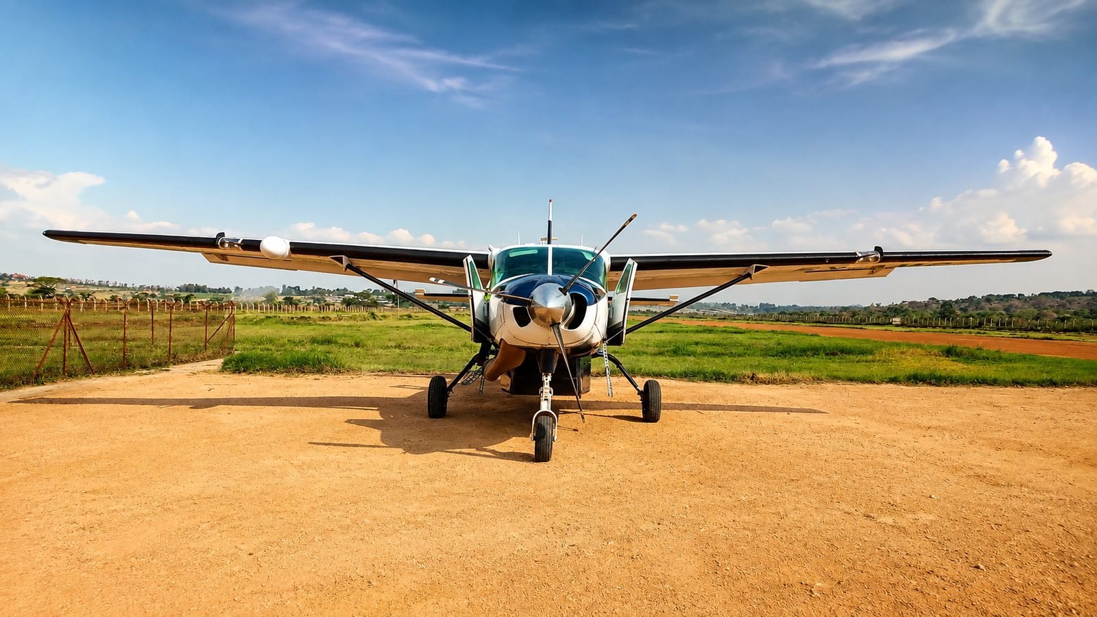 An Asante Aviation Cessna Grand Caravan, doors open, on a dirt airstrip in Uganda