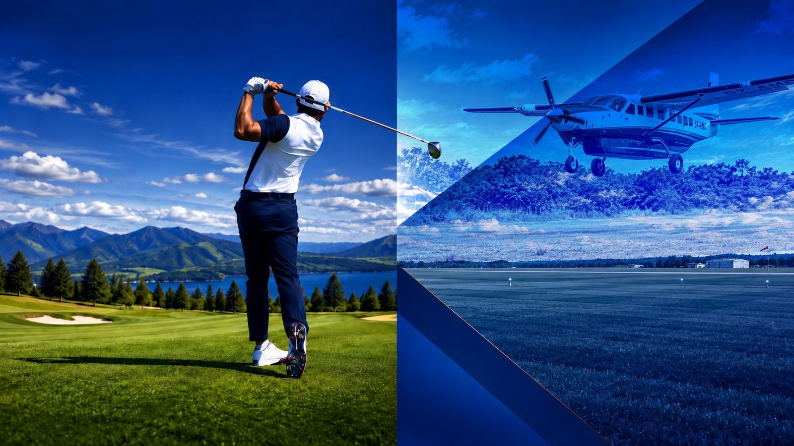 A golfer mid-swing on a lakeside course alongside an Asante Aviation Grand Caravan