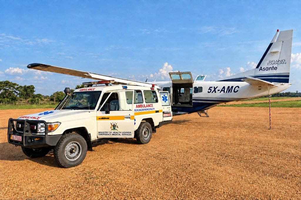 Caravan alongside a Ministry of Health ambulance