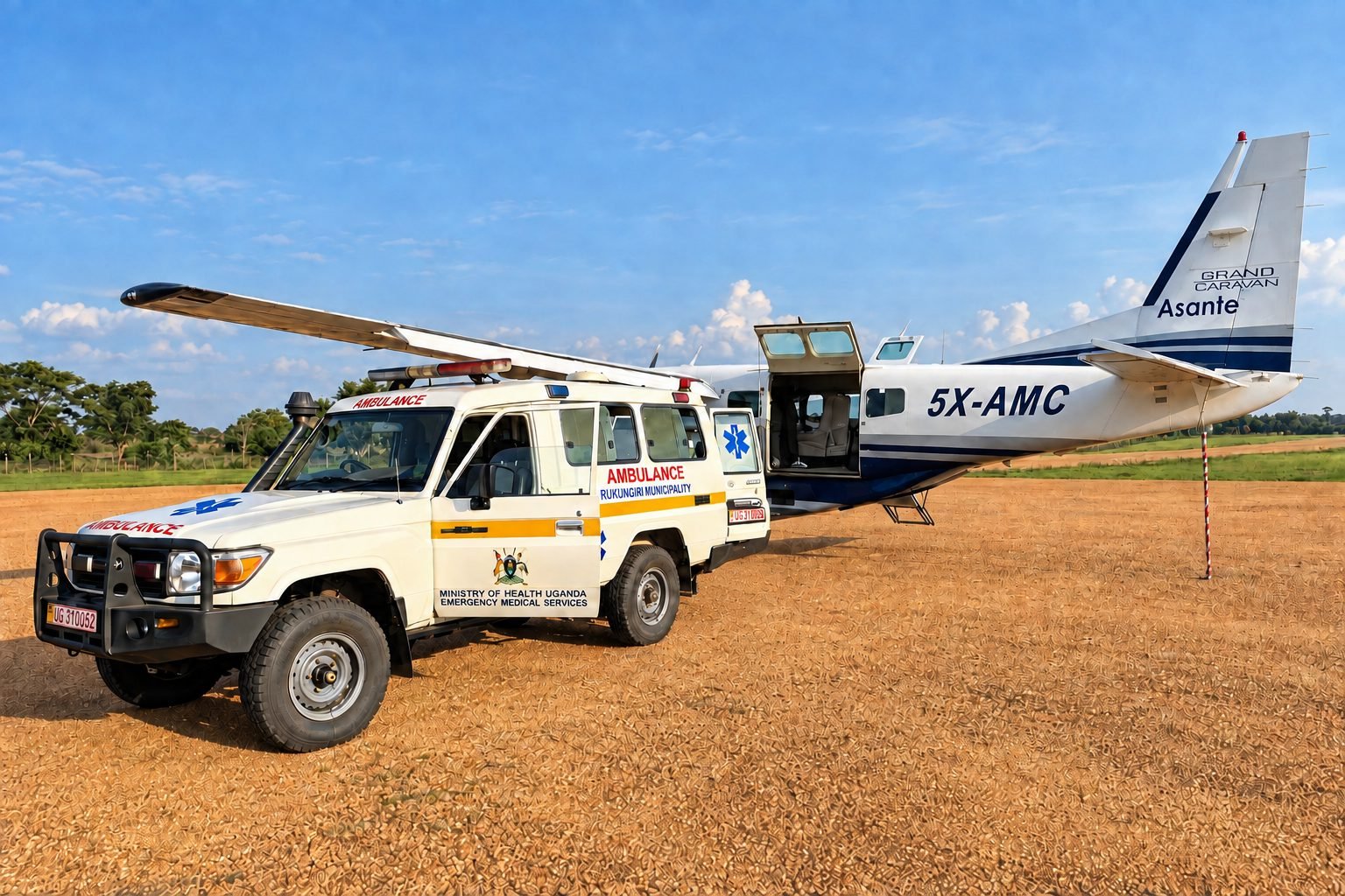 An Asante Aviation Caravan alongside a Ministry of Health ambulance at a Uganda airstrip
