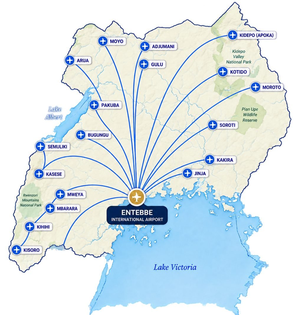 Illustrated map of Uganda: Asante Aviation routes fan out from Entebbe International Airport to Moyo, Arua, Gulu, Pakuba, Bugungu, Kasese, Mbarara, Kihihi, Kisoro, Mweya, Jinja, Soroti and Kidepo (Apoka), with the national parks marked.